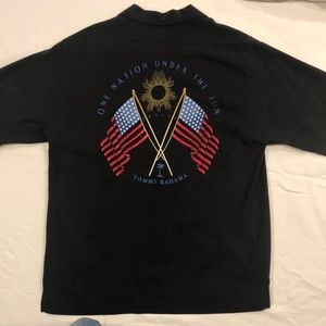 Tommy Bahama Black Camp Shirt Silk Embroidered One Nation Under the Sun Small